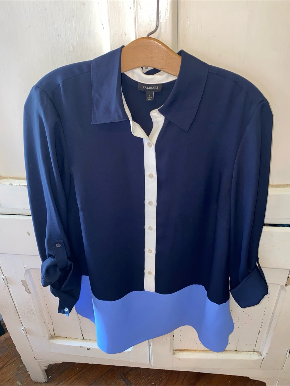 Talbots Navy and Royal Blue Colorblock Button-Front Blouse